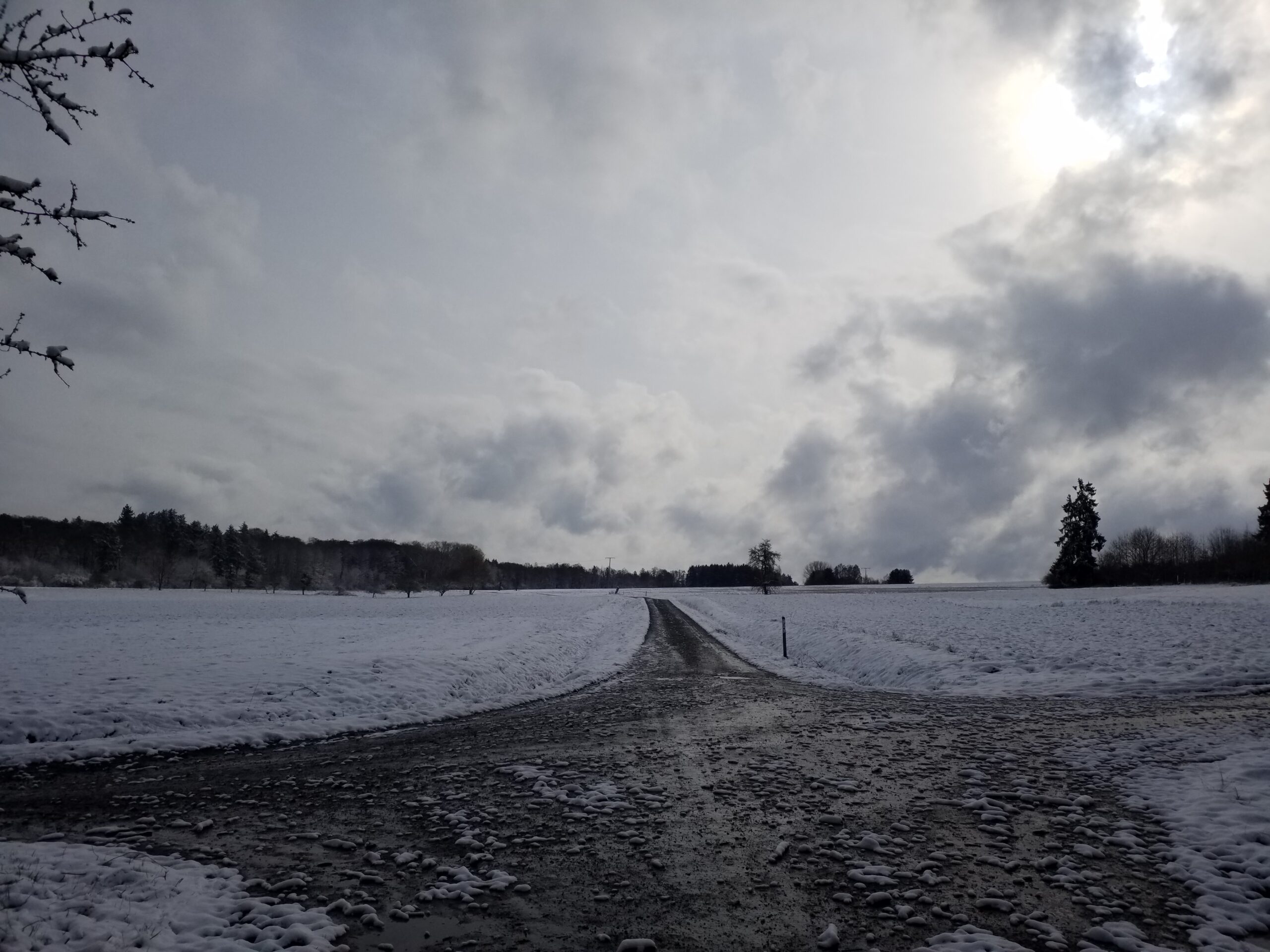 Wegekreuzung, schneebedeckte Felder, Zwielicht.